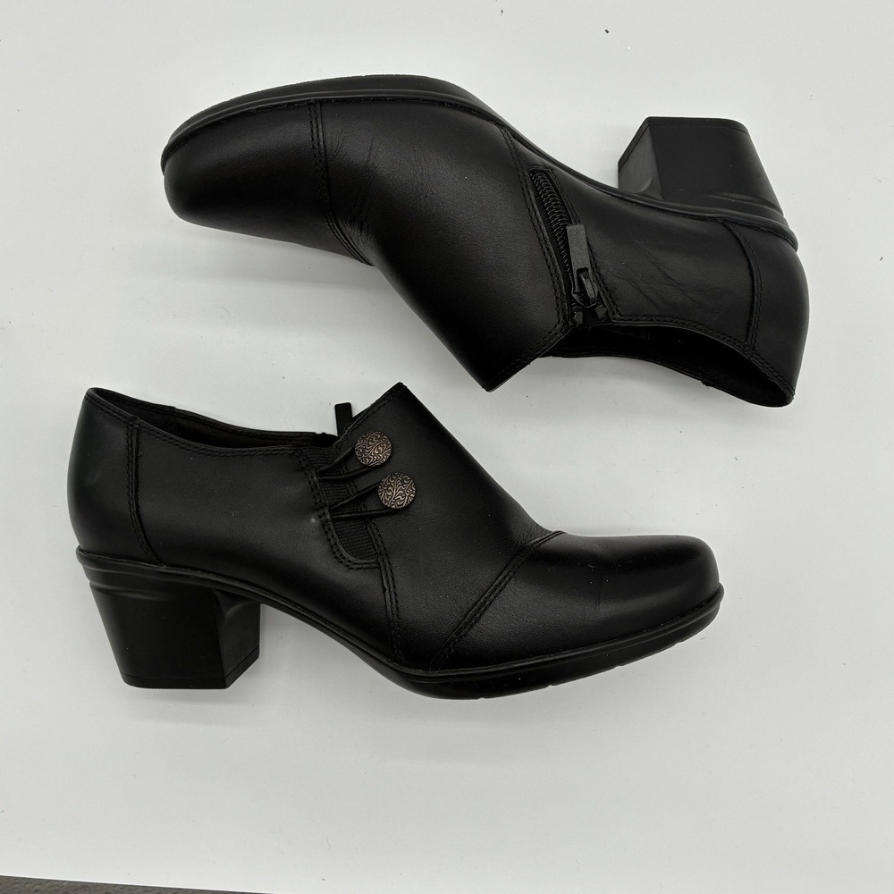 Clarks Collection Black Leather Button Shooties Block Heel 8.5M 261284424060